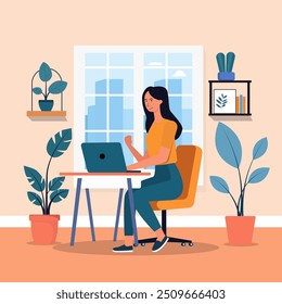 Una mujer joven usa una computadora portátil en su habitación, y el fondo en ventanas y plantas de diseño de Ilustración vectorial.