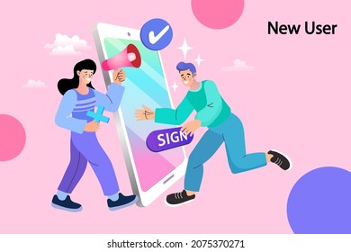 A young woman uses a megaphone to call customers to become members. Login for Account. Mobile App. New User Online Registration and Sign Up. Cartoon People Vector Illustration