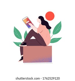 Young woman uses a smartphone. The girl is holding a gadget. Pastime in social networks. Internet addiction. Vector illustration in flat style