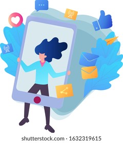 a young woman uses a smartphone to like friend status and the mobile app icon and  Illustration of flat concept application