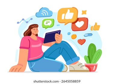Young woman uses smartphone or tablet to view social networks, chats, videos, news, media. Modern digital pastime
