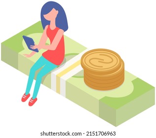 Young woman uses tablet or smartphone for chatting and surfing Internet, to make money, payment online. Girl sitting on pile of dollar bills with phone in hands. Social networks, user profile in media