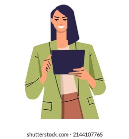 Young woman uses a tablet. Smiling business woman holding a device in her hand and touching the screen with her finger. Typing, scrolling the page in the browser. Flat vector isolated on white.