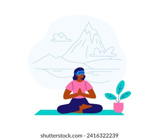 A young woman uses virtual reality glasses to meditate in the mountains. Exploring a world and VR technology. Vector flat illustration isolated on the white background.