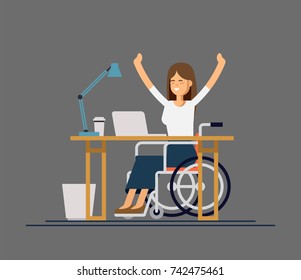 Young Woman Uses A Wheelchair And  Working With A Computer In The Office. Appy Woman. Physical Disability And Society. Vector Flat Style Cartoon Illustration