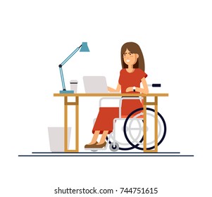 Young Woman Uses A Wheelchair And Working With A Computer In A Office. Online Job And Startup. Physical Disability And Society. Vector Flat Style Cartoon Illustration