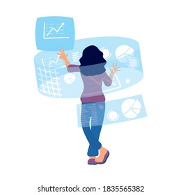 young woman using 3d glasses and reality virtual displays around vector illustration design