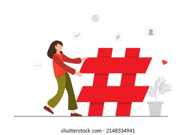 Young woman using big hashtag and different symbols in social media, sending post and sharing in Internet, social media concept, flat vector illustration