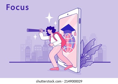 young woman using binoculars with mobile phone. knowledge or education for future job, challenge and personal improvement, reading list concept. New Business. e-learning and podcast. Vector flat