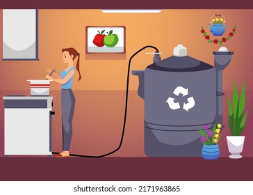 Young woman using biogas in home flat style, vector illustration. Female character cooking food on stove, eco friendly technologies, care for environment concept