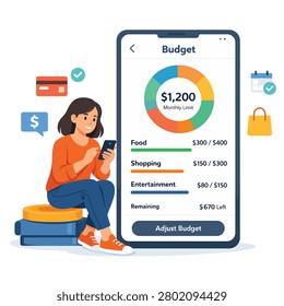 Young woman using a budgeting app on her phone to track expenses and savings.