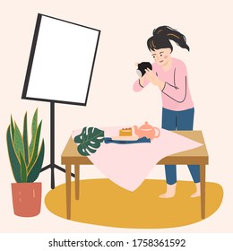 Young woman using camera.  takes pictures at home. Female hobby, activity, profession. Creativity at home concept. Hand drawn vector illustration.