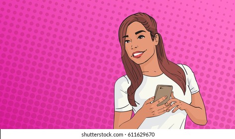 Young Woman Using Cell Smart Phone Chatting Online Over Pop Art Colorful Retro Style Background Vector Illustration