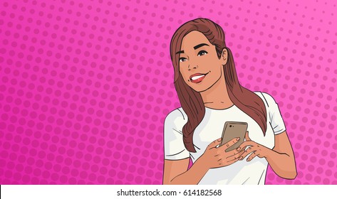 Young Woman Using Cell Smart Phone Chatting Online Over Pop Art Colorful Retro Style Background Vector Illustration