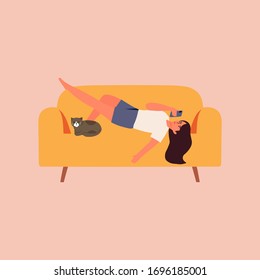 young woman using cellphone on sofa at home and cat cartoon hand drawn style flat vector design human character illustration