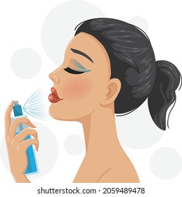 young woman using cleansing makeup on face. spraying makeup remover cleansing.