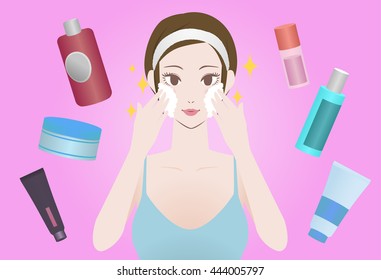 young woman using cleansing soap and various cosmetics