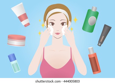 young woman using cleansing soap and various cosmetics, before after image illustration