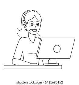 young woman using computer cartoon