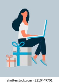 Young woman using computer sitting on gift box. Editable flat vector illustration EPS 10