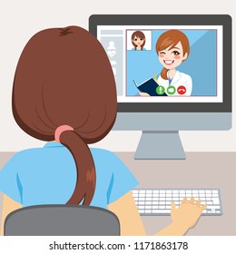 Young woman using computer to talk with her doctor online consultation concept