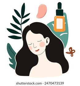 Young woman using cosmetic products for facial skin. Facial Cleaning, Moisturizing. Vector Illustration 