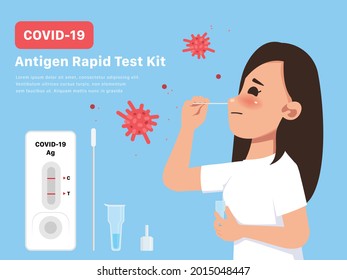 Young Woman Using Covid-19 Antigen Test Kit. Self-administrated Swab.