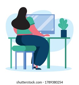 junge Frau, die einen Desktop verwendet, der im Haus Vektorgrafik-Design arbeitet