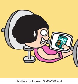 A Young Woman Using A Digital Tablet While Stretching And Weigh Lifting In A Gym Concept Card Character illustration