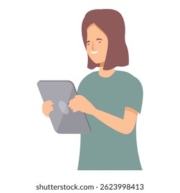 Young woman is using a digital tablet, smiling while she browses the internet
