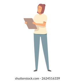 Young woman is using a digital tablet, she is smiling and seems to be enjoying the experience