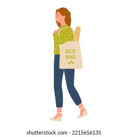 Young woman using eco bag. Zero waste products, organic reusable items vector illustration