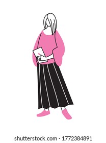 mujer joven que utiliza un diseño electrónico de ilustración vectorial de dispositivo