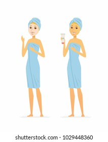 Young woman using face mask - cartoon people character isolated illustration on white background. An image of a cute smiling person after the shower taking care of her skin