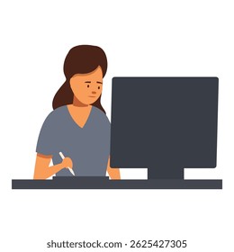 Young woman is using a graphic tablet and stylus while working on a creative project