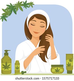 Young Woman Using Hair Products Made Of Hemp Or Cannabis Oil