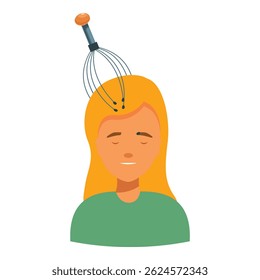 Jovem está usando um massagista de cabeça para aliviar o estresse e melhorar a circulação