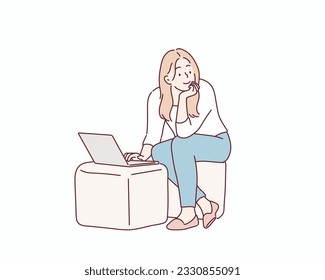 Young woman using her laptop in a chair. Hand drawn style vector design illustrations.