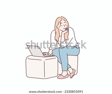 Young woman using her laptop in a chair. Hand drawn style vector design illustrations.