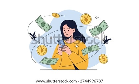 Young woman using her mobile phone to manage her personal finances with floating cash bills and gold coins swirling all around her.