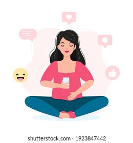 Young woman using her smartphone to connect to the internet. Girl checks the social media. Flat vector illustration.