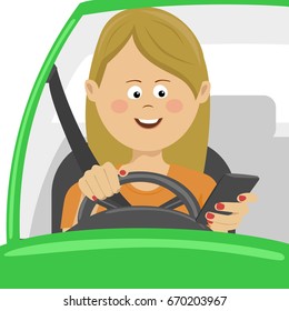Young woman using her smartphone behind the wheel. Problem addiction danger concept