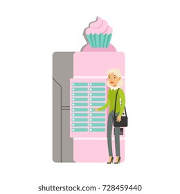 Young woman using ice cream automatic vending machine vector Illustration