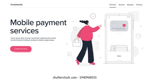 Young woman using internet banking in smartphone. Digital payment or online money transfer service. POS digital transaction concept. Website banner or webpage layout template.