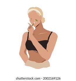 Young woman using jade face roller, massaging her face with gua sha quartz stone, holding roller massager, face lifting and anti swelling skincare ritual, flat cartoon vector illustration isolated on