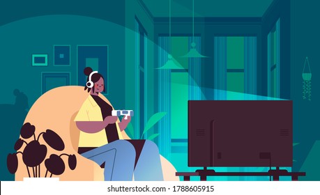young woman using joystick playing video games on tv woman resting at home living room interior horizontal portrait vector illustration