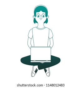 Young woman using laptop blue lines