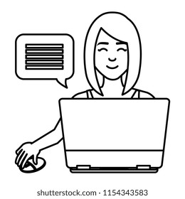 young woman using laptop character