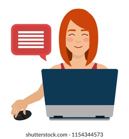 young woman using laptop character