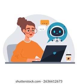 Young woman using laptop with chatbot assistant. AI virtual assistant helps with search and productivity. Modern flat vector illustration of of virtual tech support